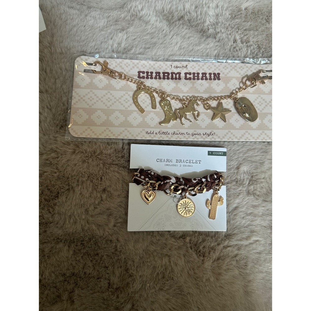 Western Gold Tone Charm Bag Chain and Fabric Wrapped Western Bracelet Set